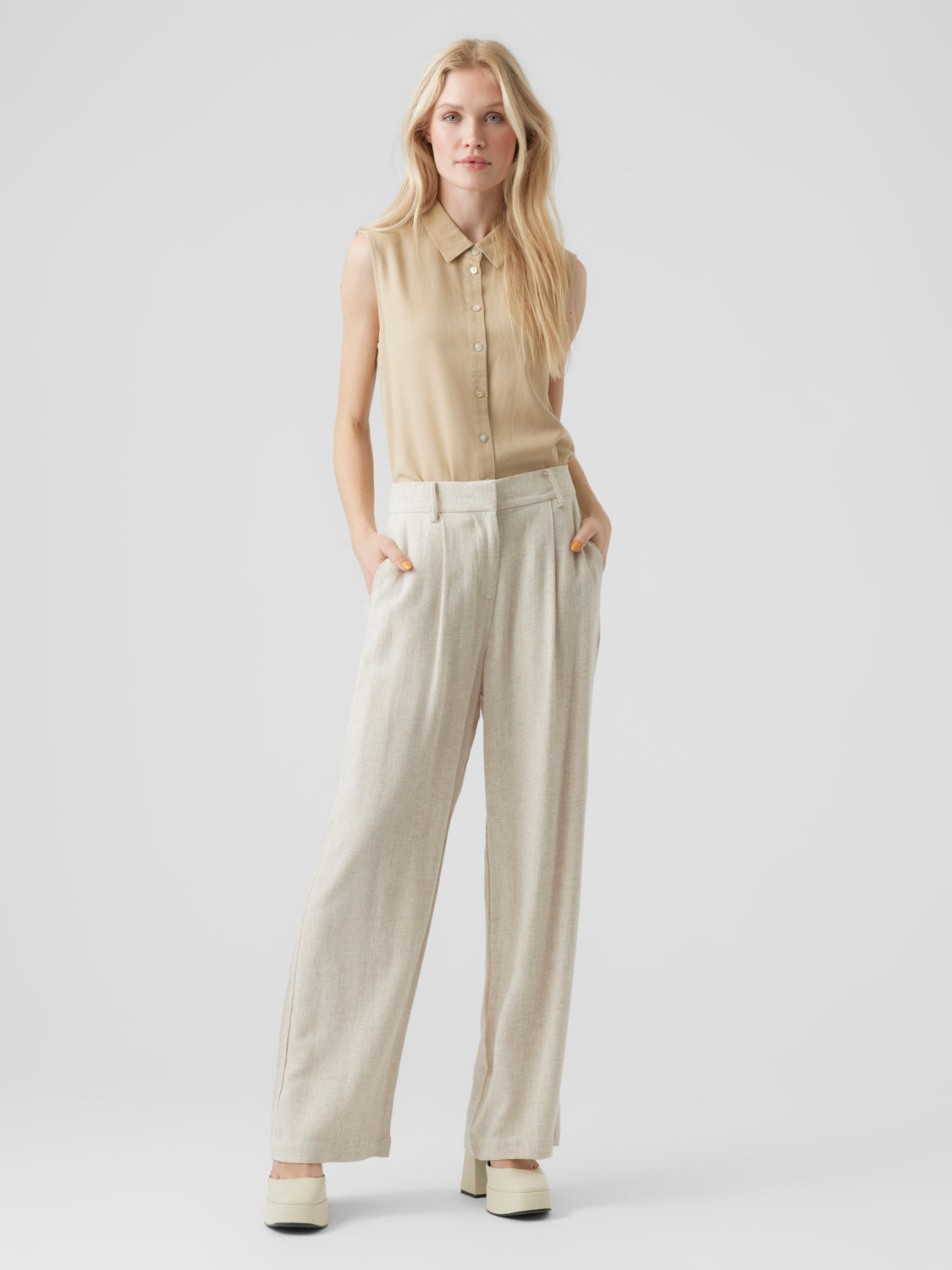 VMVERA Wide leg trousers - Oatmeal